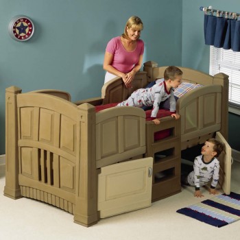 Kids-Bedrooms-Short-Loft-Bed-Design-Idea-For-Toddler-In-Brown-Finish-With-Ladder-And-Red-Comforter-And-Blue-Plaid-Throw-Pillow-And-Play-Room-Underneath