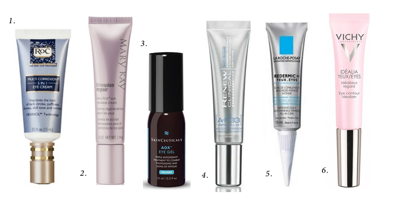 1.Multi Correxion, Roc; 2.TimeWise Repair, Mary Kay; 3.AOX Eye Gel, SkinCeuticals; 4. Renew Clinical A-F33, Avon; 5.Redermic+, La Roche-Posay; 6. Idéalia, Vichy.