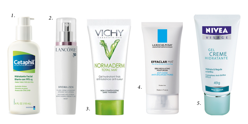 1. Hidratante facial diarío, Cetaphil; 2.Hydra Zen, Lancôme; 3. NormaDerma Total Mat, Vichy; 4. Effaclar Mat, La Roche-Posay; 5. Gel Creme Hidratante, Nivea.