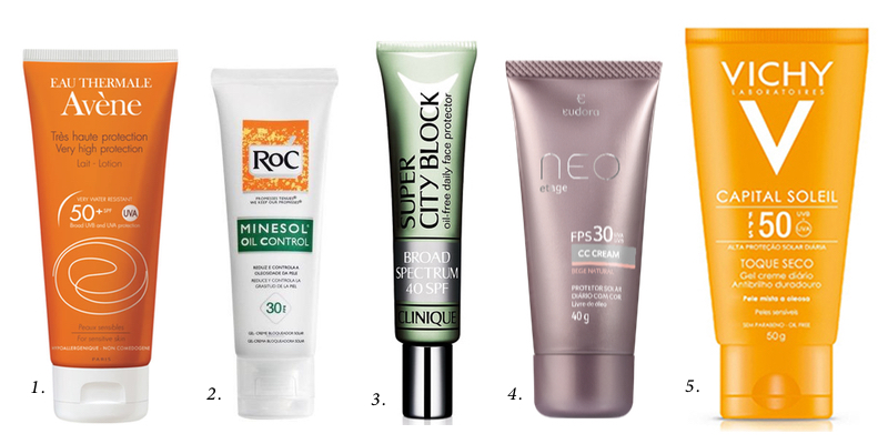 1. 50, Avene; 2. Minesol Oil Control, Roc; 3. Super City Block, Clinique; 4. Neo Etage, Eudora; 5. Capital Soleil, Vichy.