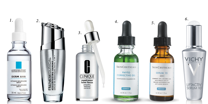 1. Sérum Derm AHA, La Roche Posay; 2.Renew Clinical, Avon; 3. Sérum Repair Laser Focus, Clinique; 4. Phyto Corrective Gel, SkinCeuticals; 5. Serum 15, SkinCeuticals; 6. Liftactiv Serum 10, Vichy.