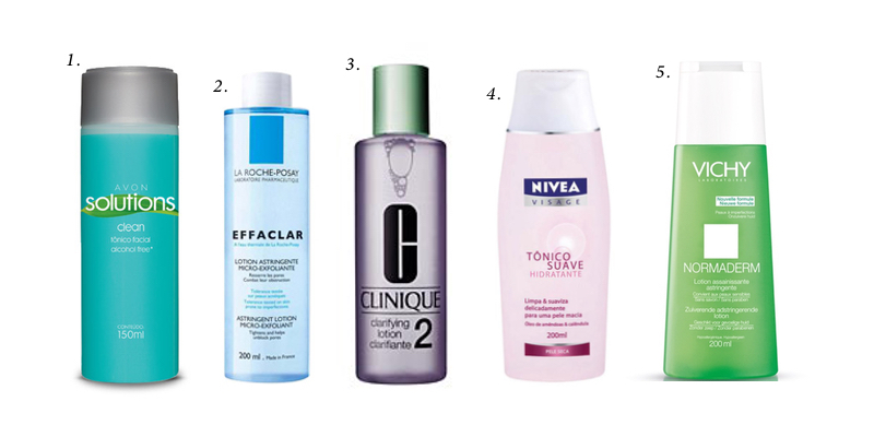 1. Tônico Facial Solutions, Avon; 2. Tônico Effaclar, La Roche-Posay; 3. Tônico 2, Clinique; 4. Tônico Suave Hidratante, Nivea; 5.Tônico Normaderm, Vichy.